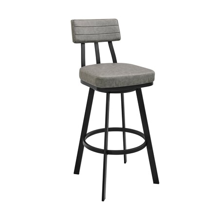 Armen Living Jinab Swivel Bar Stool in Black Metal with Gray Faux Leather 840254335233